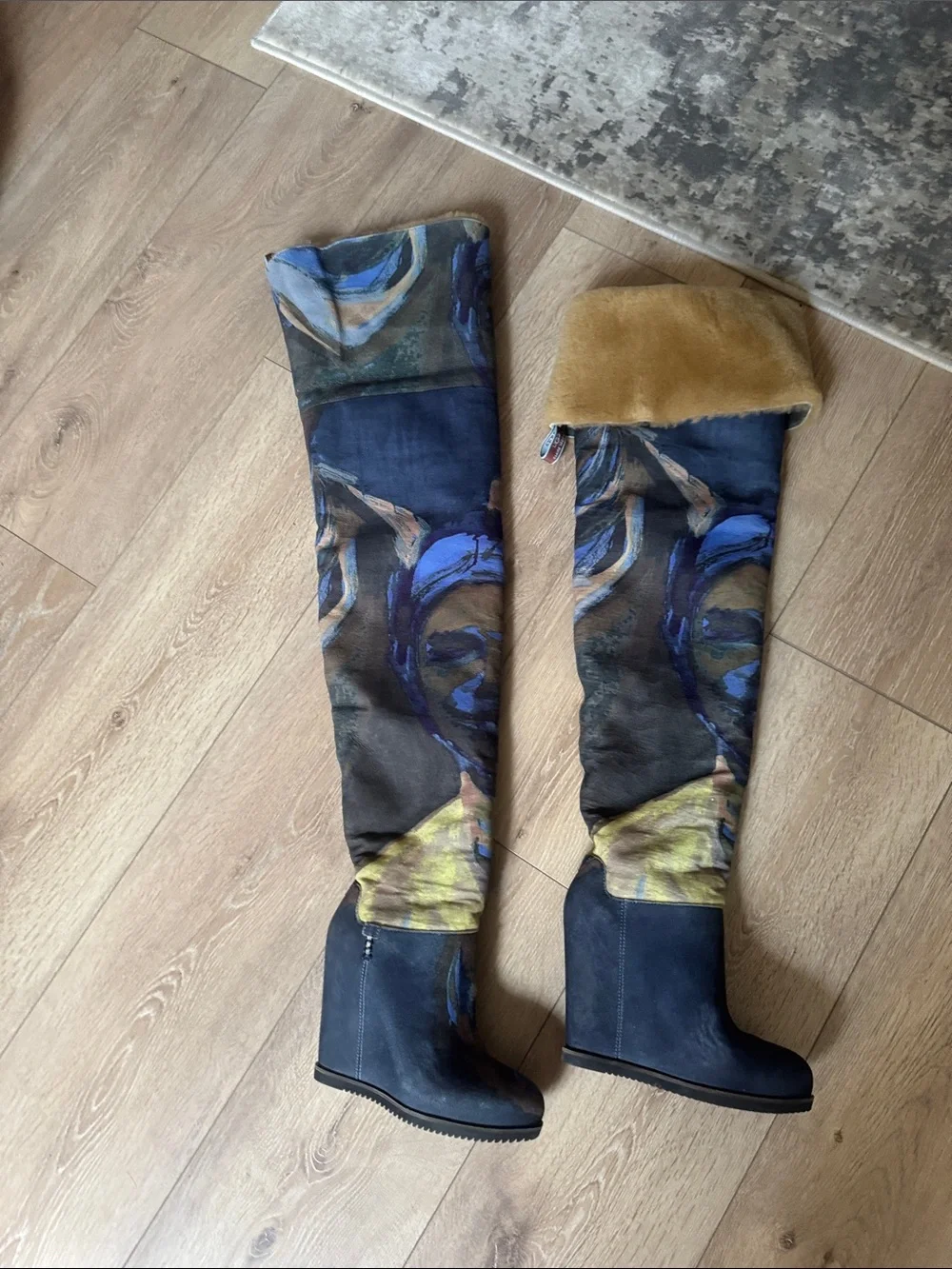 UGG Claire Tabouret Over-the-Knee Patterned Wedge Boots with Tan Faux-Fur Cuff